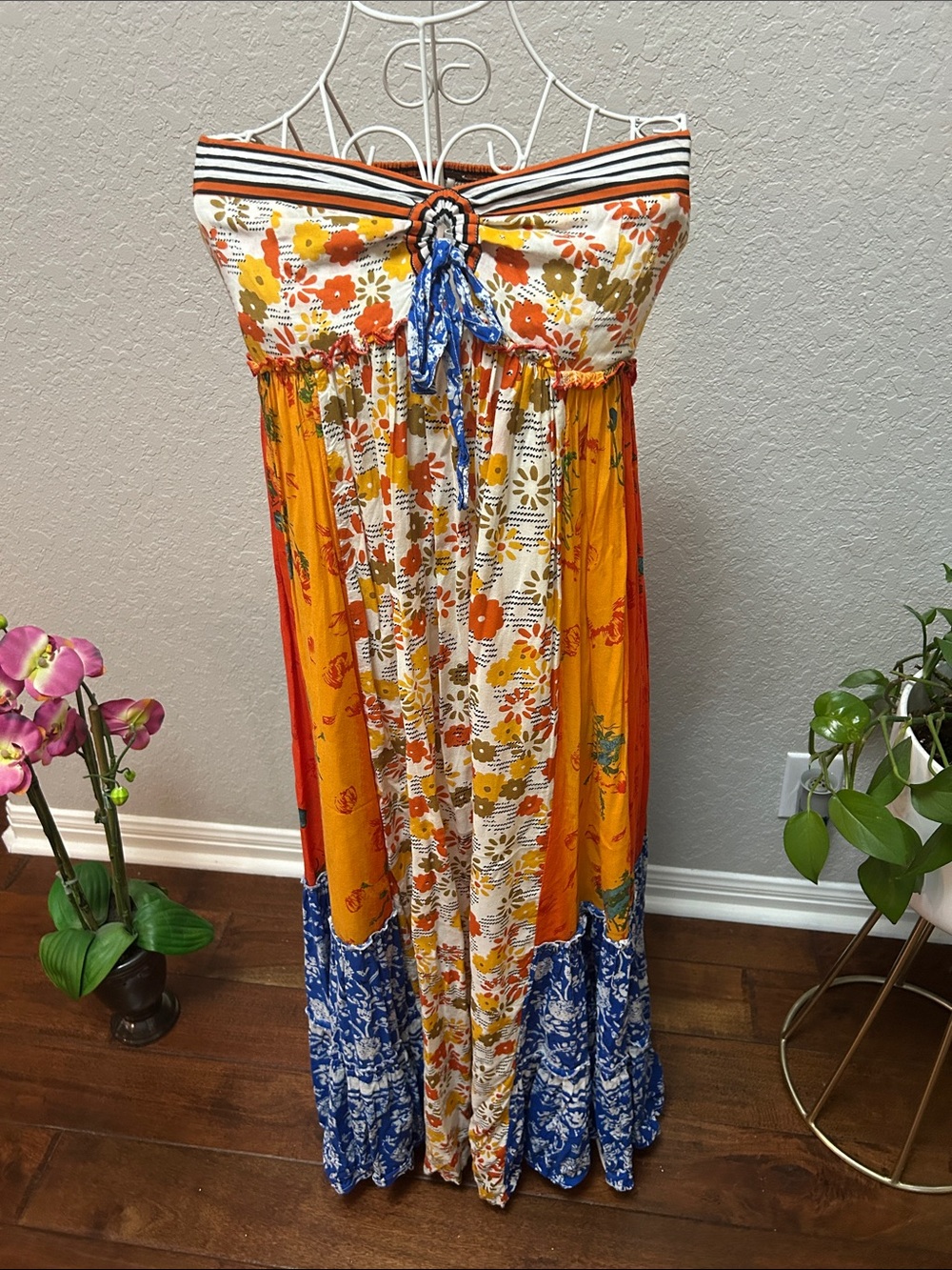 Patchwork Floral Strapless Maxi Dress in Yellow, Orange & Blue by Free People M